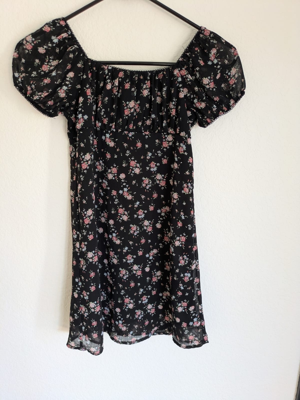 Target Black Floral Puff Sleeve Dress with Pink Roses